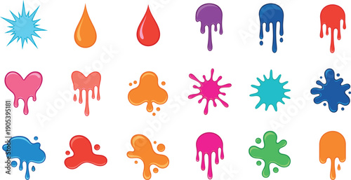 Colorful liquid paint drips and splash shapes set with drops, blobs, and dynamic abstract stain silhouettes