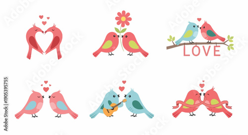 Set of cute romantic love birds with hearts and flowers symbolizing affection and companionship suitable for greeting cards and romantic celebrations