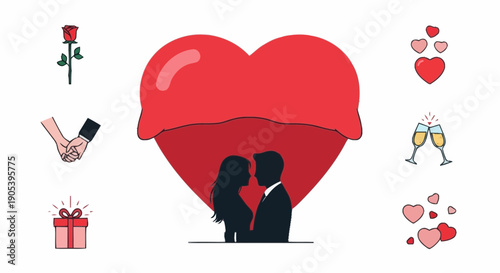 Romantic couple silhouetted in front of a large red heart symbolizing love romance and affection with smaller love themed icons around