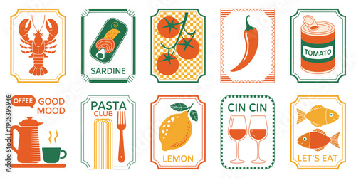 Abstract Food Poster with Italian Cuisine Elements, Dolce Vita Culinary Composition Featuring Pasta, Lobster, Sardine and Coffee, Decorative Frame Cafe Banner