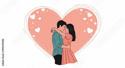 Romantic couple embracing in front of large heart shape with small hearts background conveying love and affection in heartfelt moments