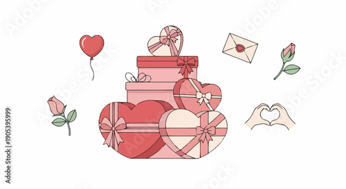 Elegant pastel pink and red gift boxes adorned with ribbons and hearts with romantic elements ideal for celebration occasions