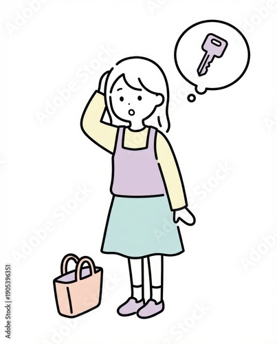Cartoon illustration of Young woman looks worried while thinking about key beside her handbag minimal flat illustration Japanese casual lifestyle