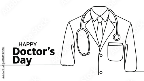 Happy Doctors Day minimal line art illustration of medical coat with stethoscope on white background honoring healthcare professionals service care and dedication