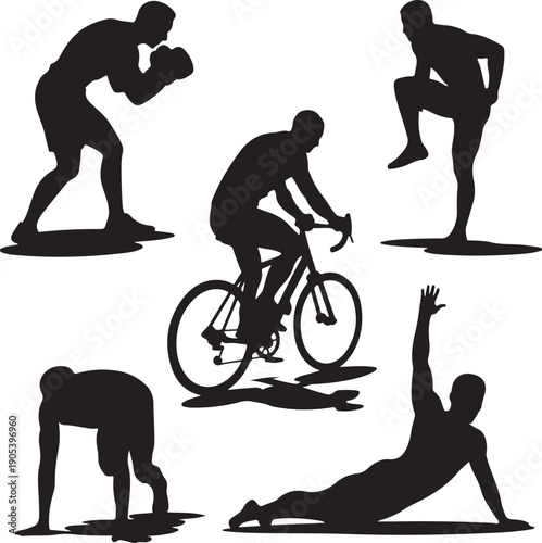 Silhouettes of people exercising and playing sports in various poses