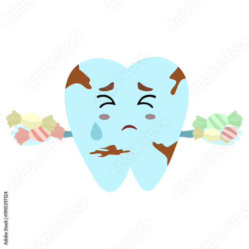 tooth decay mascot due to eating too much sugar. Sad character with broken tooth due to candy