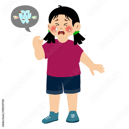 Little kid has a toothache from eating too much sugar. Vector illustration of a girl with a cavity from eating too much sugar. An unhappy child suffers from painful dental symptoms due to a poor diet.