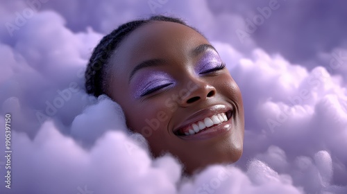 Beautiful Woman with Purple Glitter Eyeshadow Smiling in Clouds