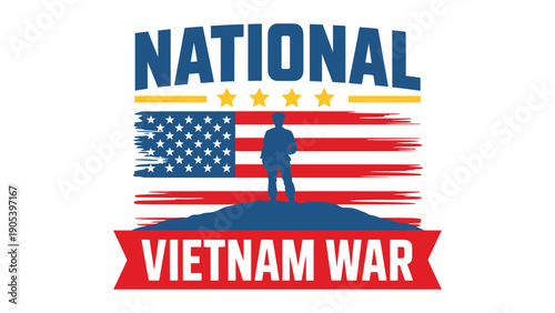 National Vietnam War Veterans Day patriotic illustration with soldier silhouette american flag stars and ribbon honoring military service sacrifice and remembrance