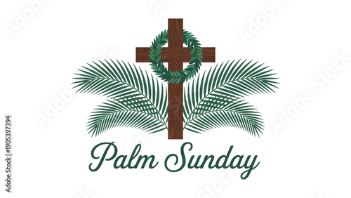 Palm Sunday christian religious illustration with wooden cross and green palm leaves on white background celebrating holy week faith devotion and tradition
