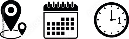 Set of location pin, calendar, and clock icons for scheduling, navigation, planning, time management, and modern app interface design