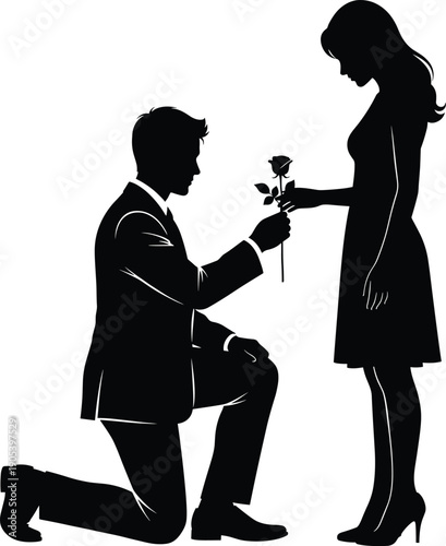 Romantic silhouette illustration, man kneeling in suit offering rose, woman in dress accepting gesture, symbolic love proposal, affectionate moment scene
