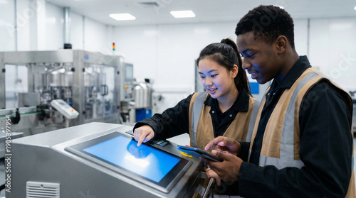Diverse team of young engineers collaborating in a state-of-the-art manufacturing facility, operating advanced industrial machinery with a digital touch screen