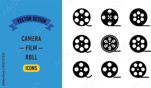 Set of vintage film reel icons with motion picture camera movie roll symbols in modern flat vector style