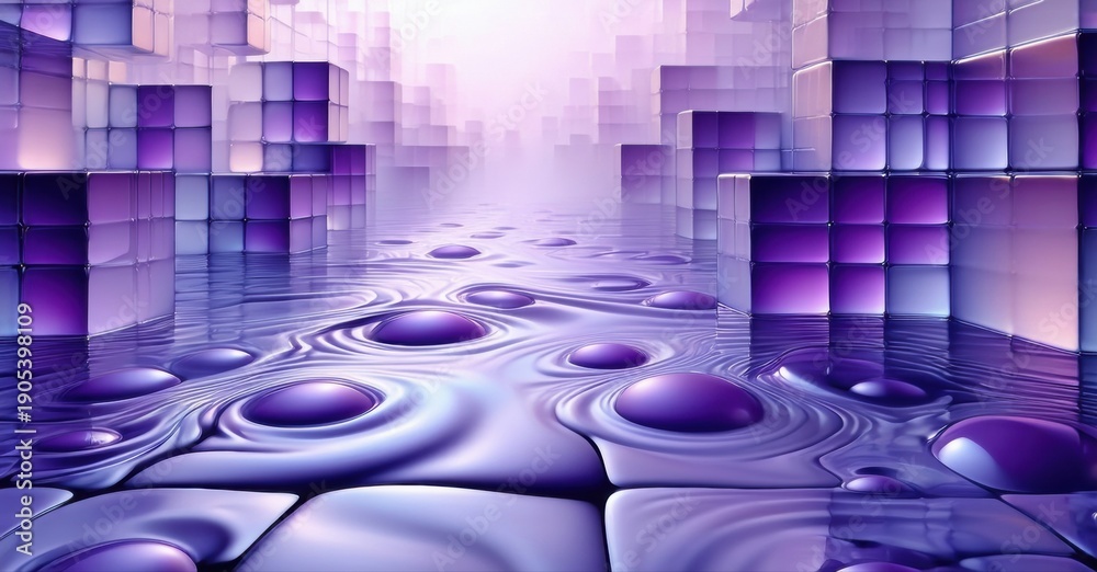 Fototapeta premium Abstract purple cityscape. Cubes form walls, water ripples below. Light source distant, creating depth, futuristic design.
