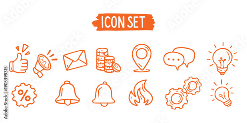 Hand Drawn Business Icon Set with Communication, Location and Idea Symbols Vector