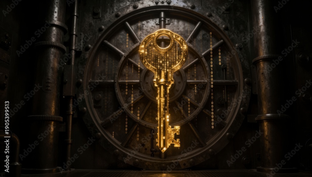 Obraz premium Golden key with binary code overlay in front of a vintage vault door digital