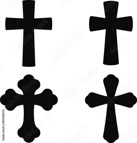 Christian cross silhouette set isolated on white background, black religious crucifix icons collection, church symbol design elements for faith, worship, prayer, and spirituality concept.