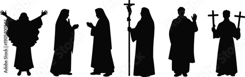 Christian priest and nun silhouette set isolated on white background, religious clergy figures praying and holding cross, church worship ceremony collection for faith and spirituality concept.
