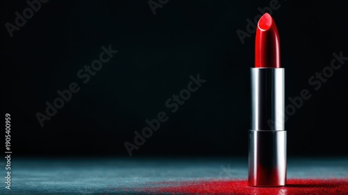 A striking image showcasing a red lipstick with a dark backdrop, emphasizing its vibrant color and sleek design, perfect for beauty and cosmetic promotions or advertisements.