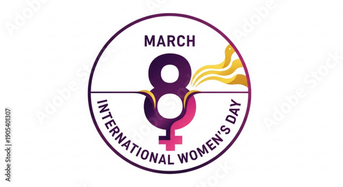 International women's day logo on march 8 celebrating female empowerment and equality with purple pink and yellow colors on white background