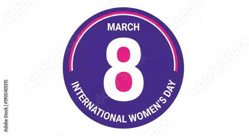International women's day logo on purple background with pink accents and white text for march 8th celebration