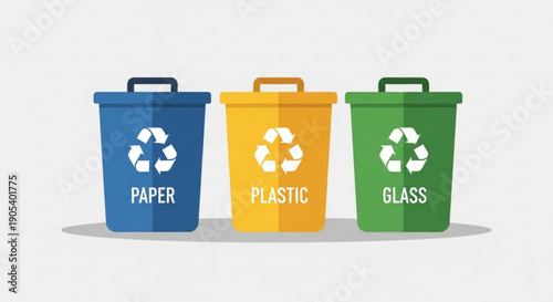 Colorful recycling bins for paper plastic and glass in a row on white background for eco friendly practices