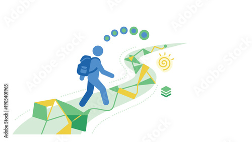 Blue Hiker Walking on Geometric Path with Thought Bubbles