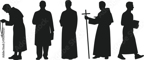 Priest silhouette set isolated on white background, Christian clergy men holding cross, bible and rosary, religious church minister collection for worship and faith concept.