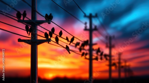 A captivating image of silhouetted birds perched on power lines against a stunning sunset backdrop, illustrating the beauty of nature and tranquility.