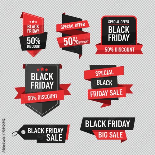 A collection of vibrant red and black ribbon banners advertising black friday sales and discounts