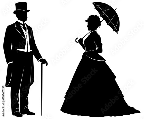 Victorian couple silhouette illustration, historical fashion line art with top hat, parasol, and elegant attire symbolizing 19th‑century style