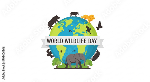 World wildlife day illustration with globe and animals for conservation awareness campaign