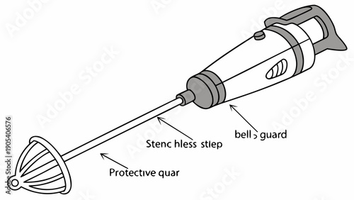 A detailed vector illustration of a handheld electric mixer with labeled parts