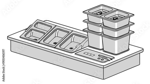 A vector graphic illustration of a commercial kitchen buffet serving station with multiple compartments