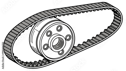 A detailed illustration of a timing belt and gear system in a minimalist line art style