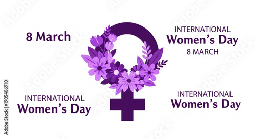 International women's day logo with purple flowers and cross on white background symbolizing female empowerment and equality on march 8th