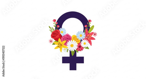Vibrant floral female symbol with colorful flowers on white background representing feminism and equality