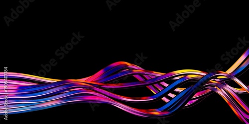 Fotografie Elegant abstract 3D render background with smooth colorful iridescent glass wave lines in balck background