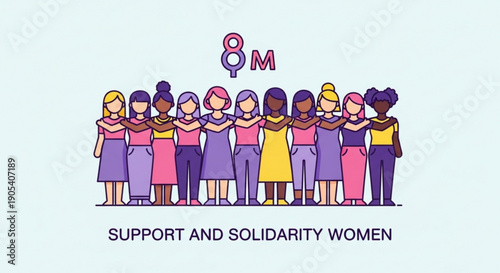 Diverse women standing united in solidarity and support on international women's day with 8m symbol