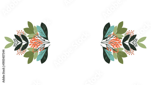 Pair of symmetrical floral arrangements featuring orange flowers and green leaves are placed on the left and right sides of a white background space.