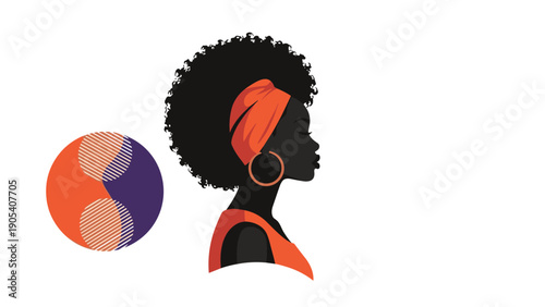 Elegant silhouette profile of a Black woman with a large afro hairstyle and a colorful headwrap is shown next to an abstract geometric design element.