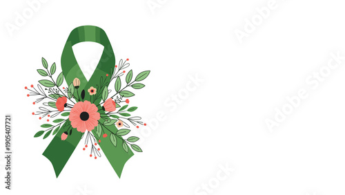 Green awareness ribbon is beautifully decorated with a cluster of peach flowers and green leaves to represent mental health and environmental causes.