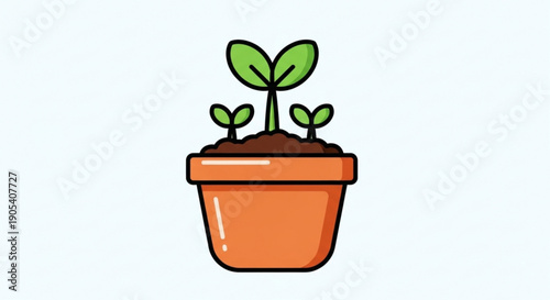 Small green seedlings growing in a brown terracotta pot on white background symbolizing new life and growth