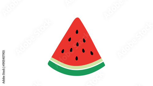 Simple cartoon illustration of a fresh and juicy slice of red watermelon with black seeds and a green rind is isolated on a white background.