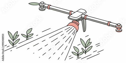 A vector graphic illustration of a sprinkler watering plants in a garden