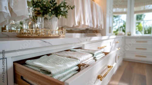 An elegant showcase of a neatly organized drawer filled with fresh, folded towels reflects the essence of interior design and the importance of organization and aesthetics.