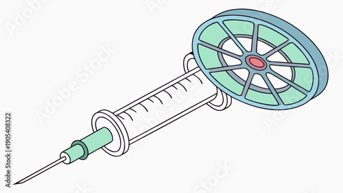 A vector graphic illustration of a syringe with a wheel attached to it, representing medical innovation and technology.