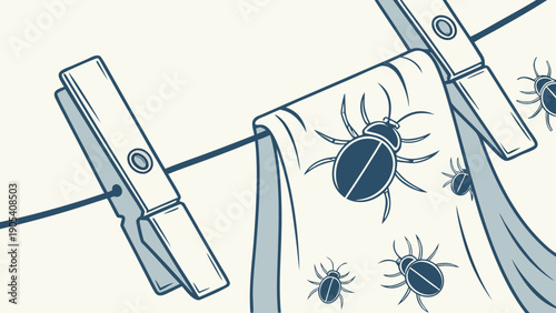 A vector graphic illustration of bed bugs on a towel hanging on a clothesline with clothespins