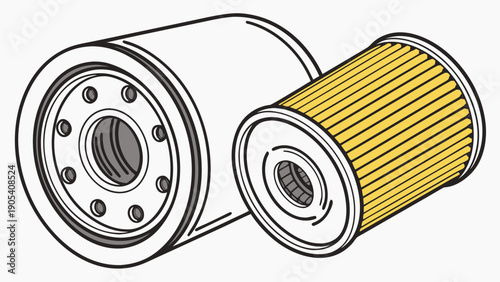 A vector graphic illustration of two oil filters, one with a yellow pleated element and the other with a clean white design, showcasing automotive parts in a minimalist flat style.